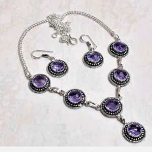 New simulated amethyst sterling silver necklace & earrings set